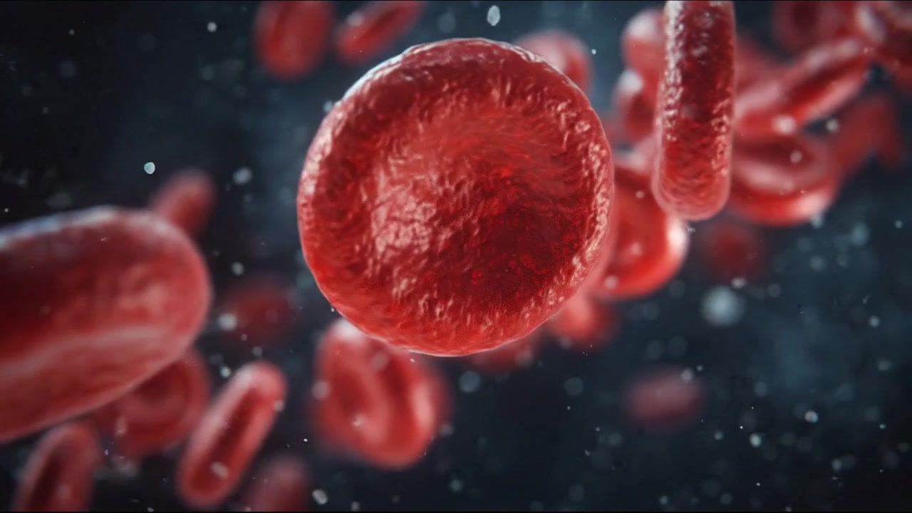 Red blood cells circulating through a luminous medical visualization in detailed footage