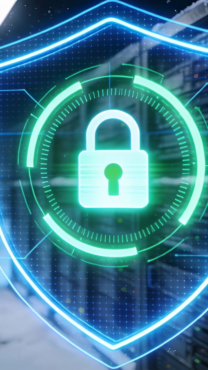 On login request holo shield animating over data center, rotating HUD pulsing padlock authorizing