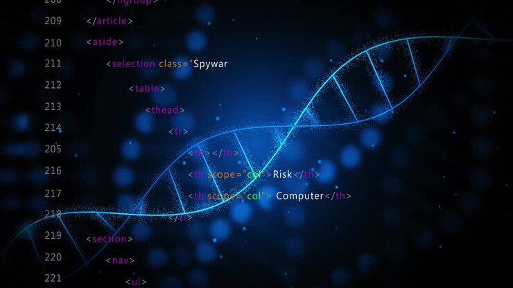 Animation of digital data processing and dna strands on black background
