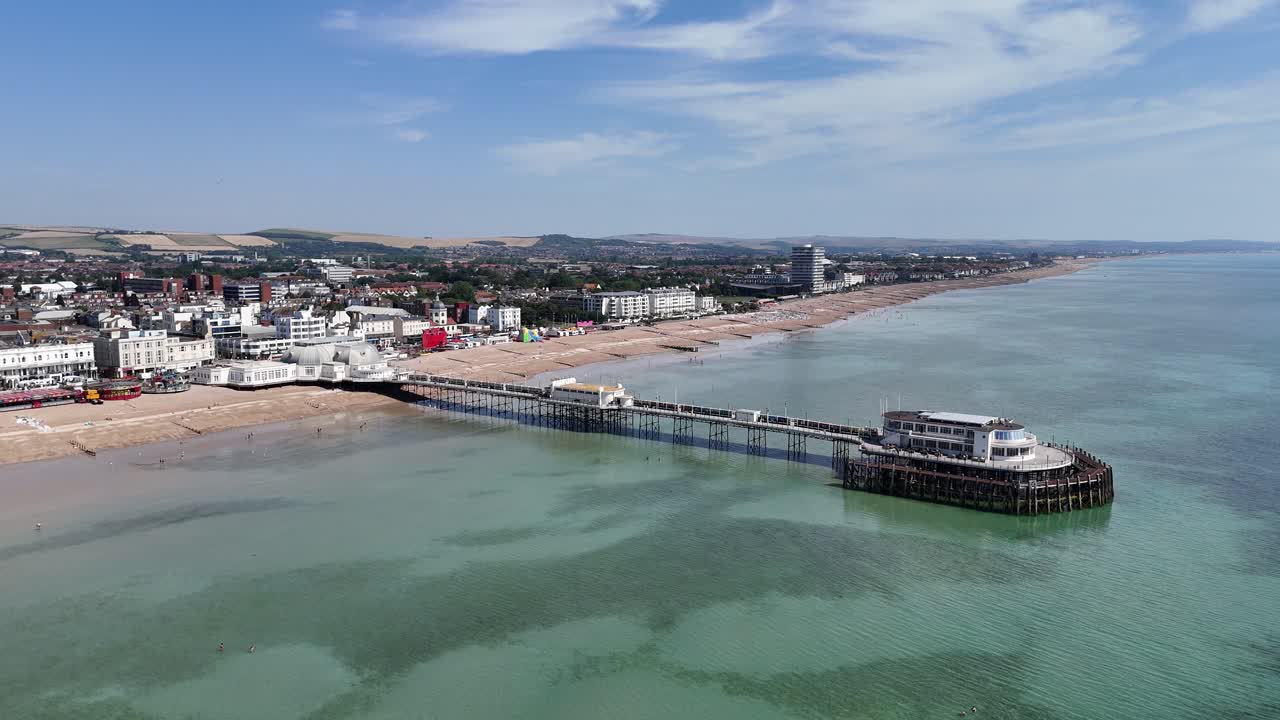 Worthing West Sussex UK seafront and pier drone,aerial 4k footage