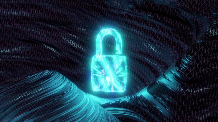 Motion graphics of blue unlocked padlock spinning with dark background