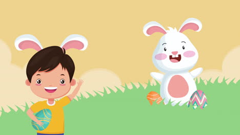 happy easter animated card with little boy and rabbit