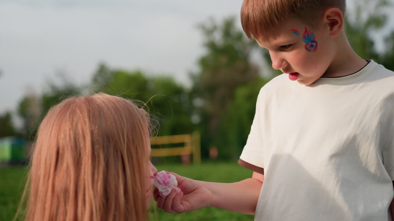 toddler boy gently wiping playmate face with white handkerchief during outdoor play on green grass, soft sunlight creating warm moment of care and friendship between children