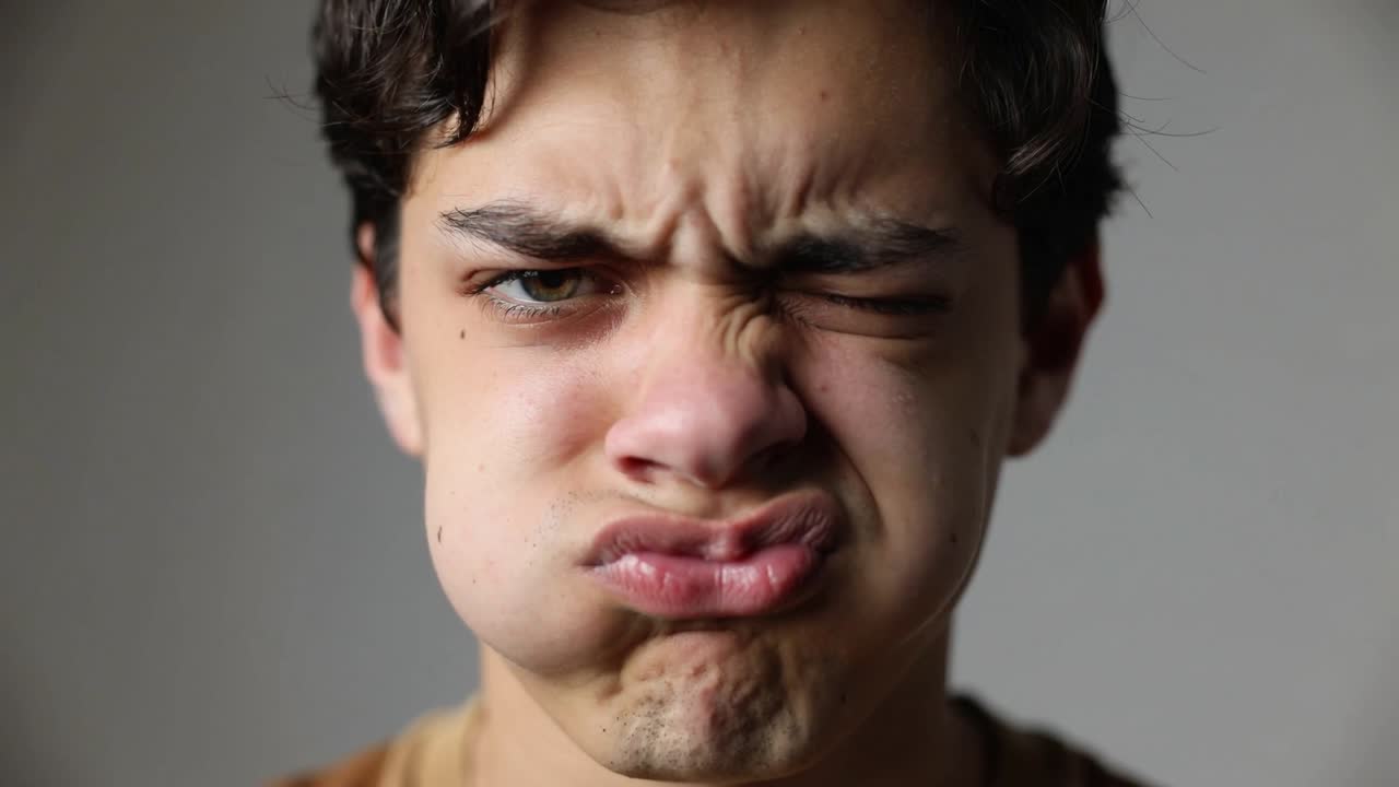 Puffing teen male with camera starting, pulling mouth and squinting eye in studio, brown shirt