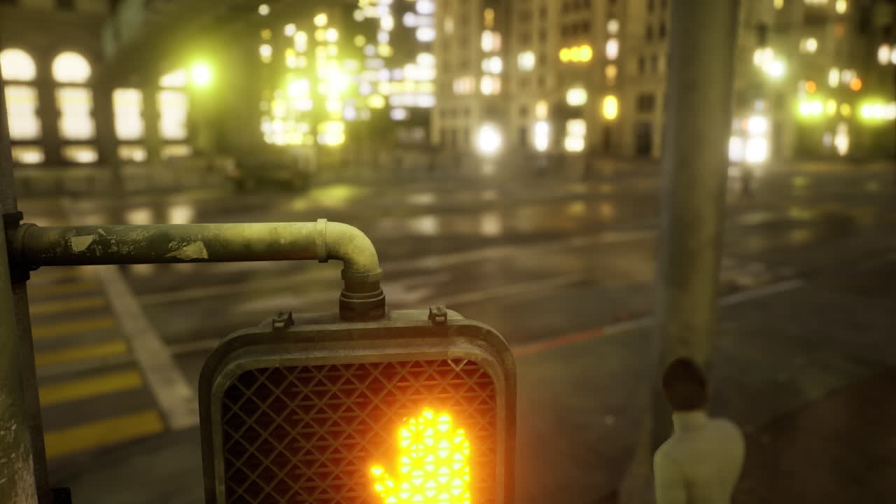 Pedestrian waits patiently for the green light in a busy city at night