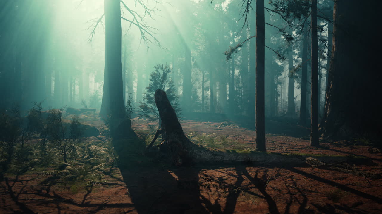 Sunbeams pierce through the misty forest