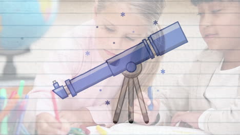 icona del telescopio contro un ragazzo e una ragazza della scuola che scrivono in un libro