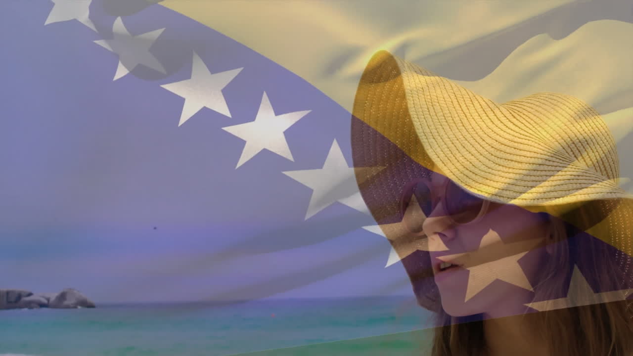 Wearing sun hat and sunglasses, woman with Bosnia and Herzegovina flag animation