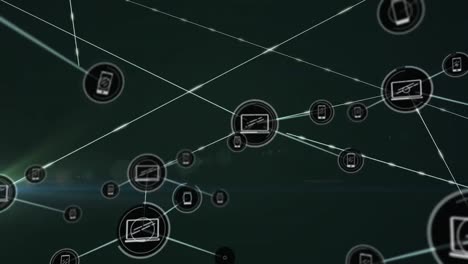 Animation-of-network-of-connections-with-digital-icons-over-green-light
