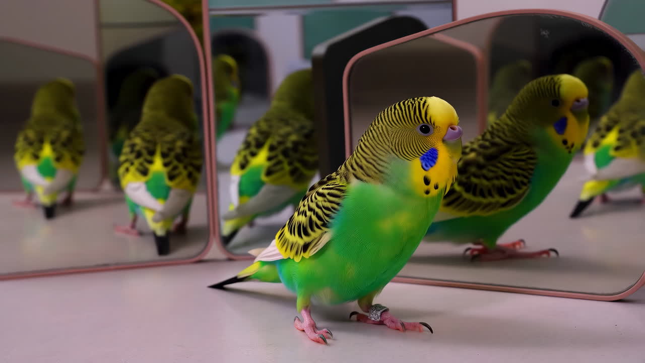 A green and yellow budgie looking at its reflections in multiple mirrors
