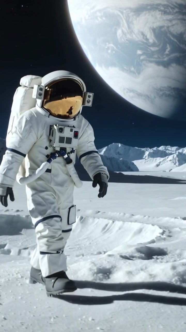 Vertical video: Placing foot on rim EVA astronaut stepping across icy plain leaving prints on EVA