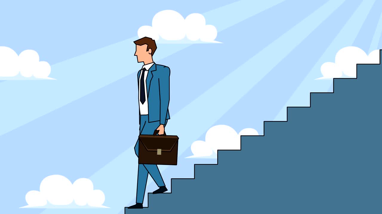 personaje de dibujos animados de hombre de negocios plano con bolsa de caso baja por la escalera de la carrera escaleras de concepto de animación