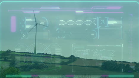 Animation of charts on interface screen processing data over wind turbine in field