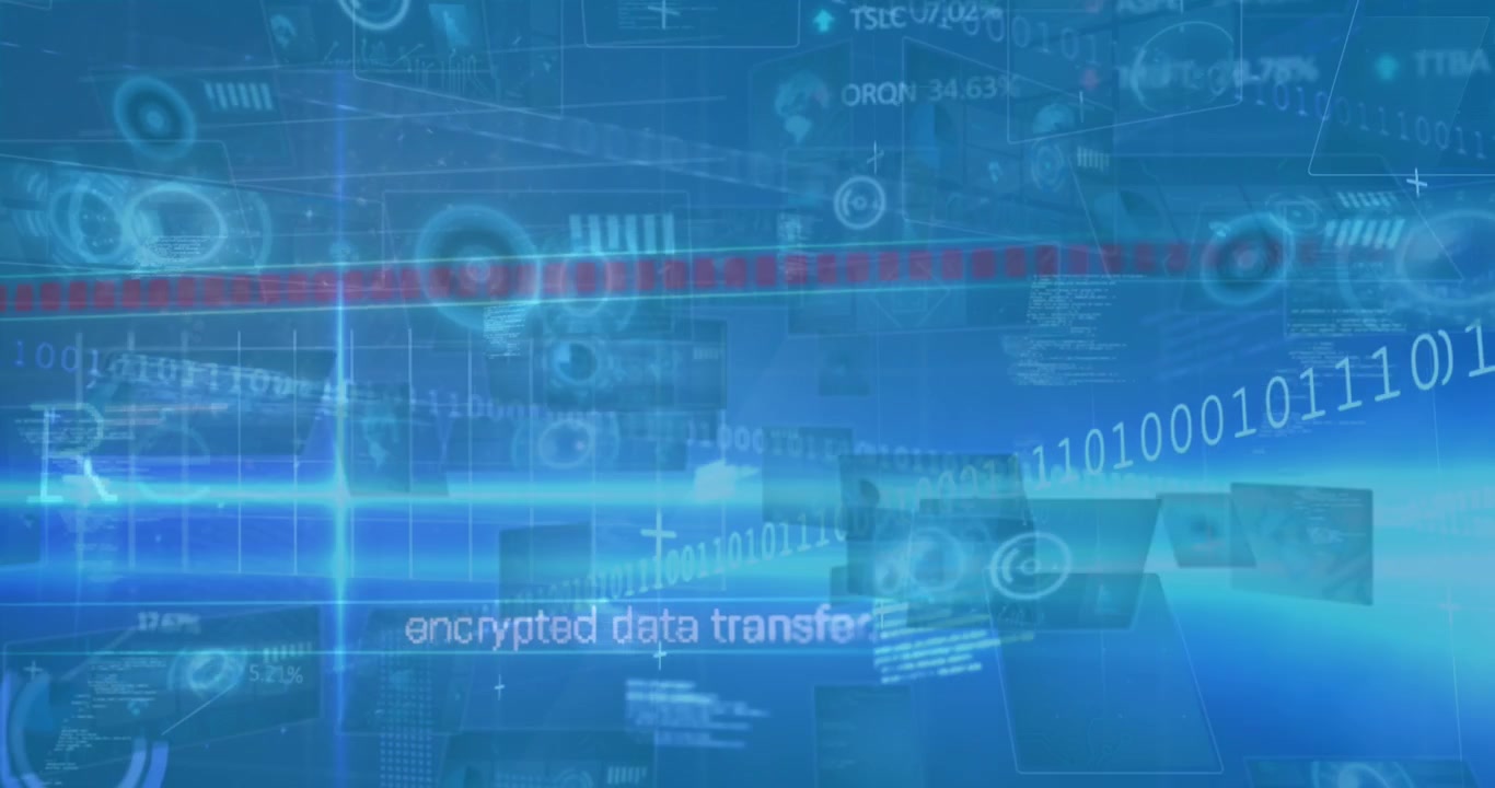 Animation of data, digital screens, graphs and texts on blue background