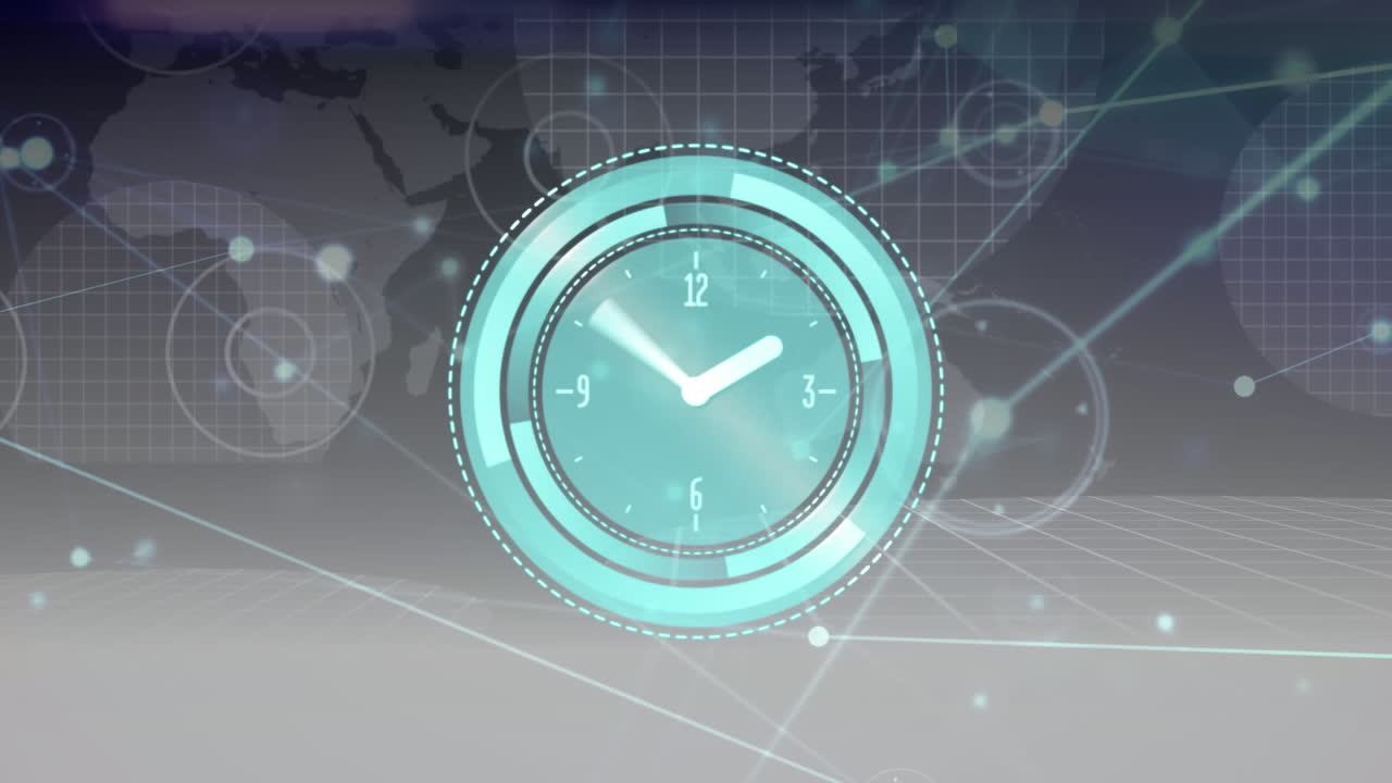 연결된 점과 회색 배경에 대한 지도 위에 디지털 시계의 애니메이션