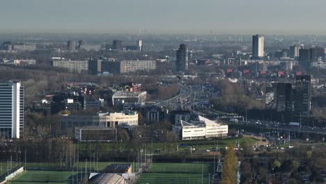 Aerial-view-of-heavy-traffic-on-A16-motorway-through-Rotterdam,-The-Netherlands