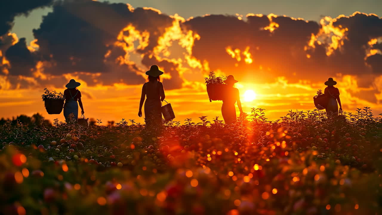 Workers harvesting in apple orchard. Silhouettes of farmers carrying baskets while harvesting apples at sunset