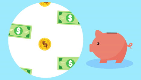 economy and finances bills and coins rains with piggy