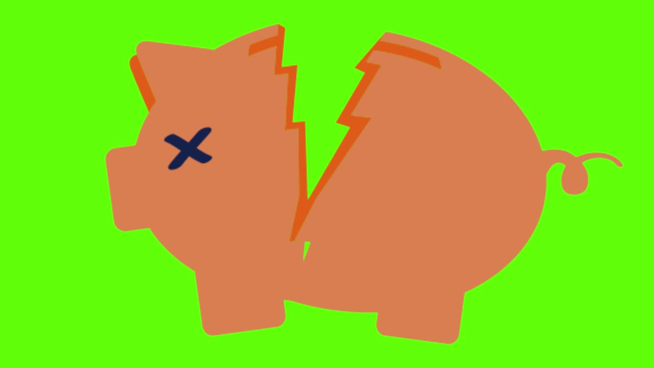 녹색 화면 배경에 부러진 돼지 모양의 돈을 절약하는 상자의 애니메이션