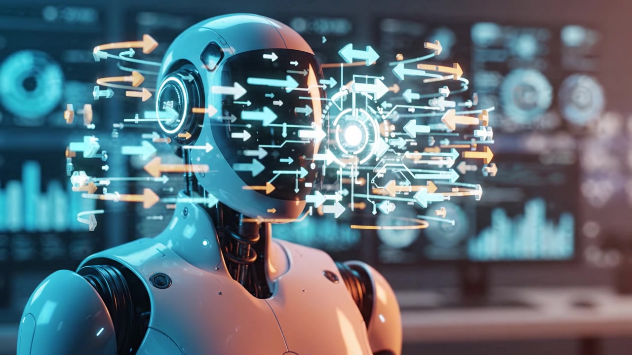 Futuristic Robotic Technology: A Close-Up View of a Sleek, Human-Like Robot Against a Backdrop of Digital Displays and Analytical Data Visualizations