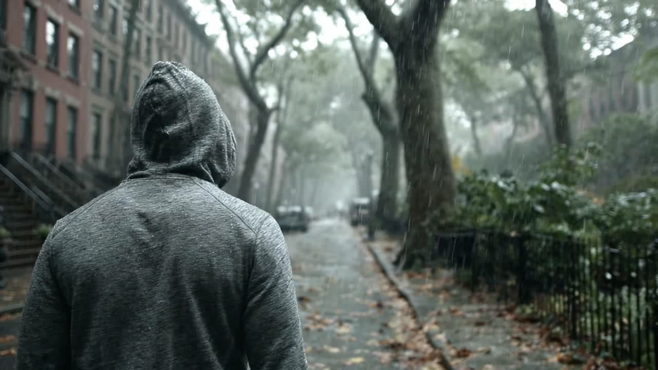 A solitary figure walks through a rain-drenched urban street, surrounded by misty trees and fallen leaves, capturing the essence of introspection and solitude amidst nature's elements