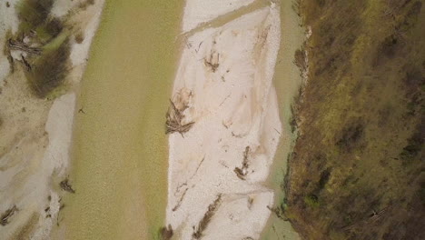 aerial top down view following sparse river isar terrain hinterau valley tyrol austria