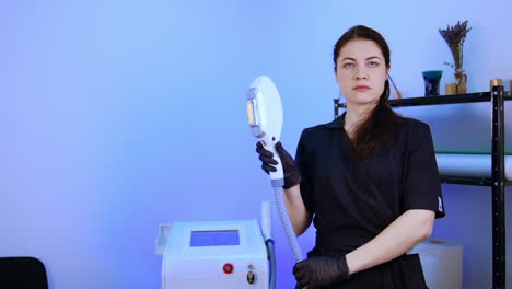 female brunette beautician wearing uniform holds the laser machine and looks at it carefully. elos epilation in beauty salon.