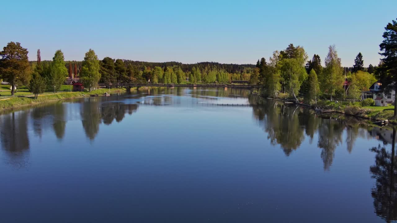 Vasterdalaven River With Reflection Of Sky And Trees Growing In The Riverbank In Vansbro, Dalarna, Sweden. - aerial