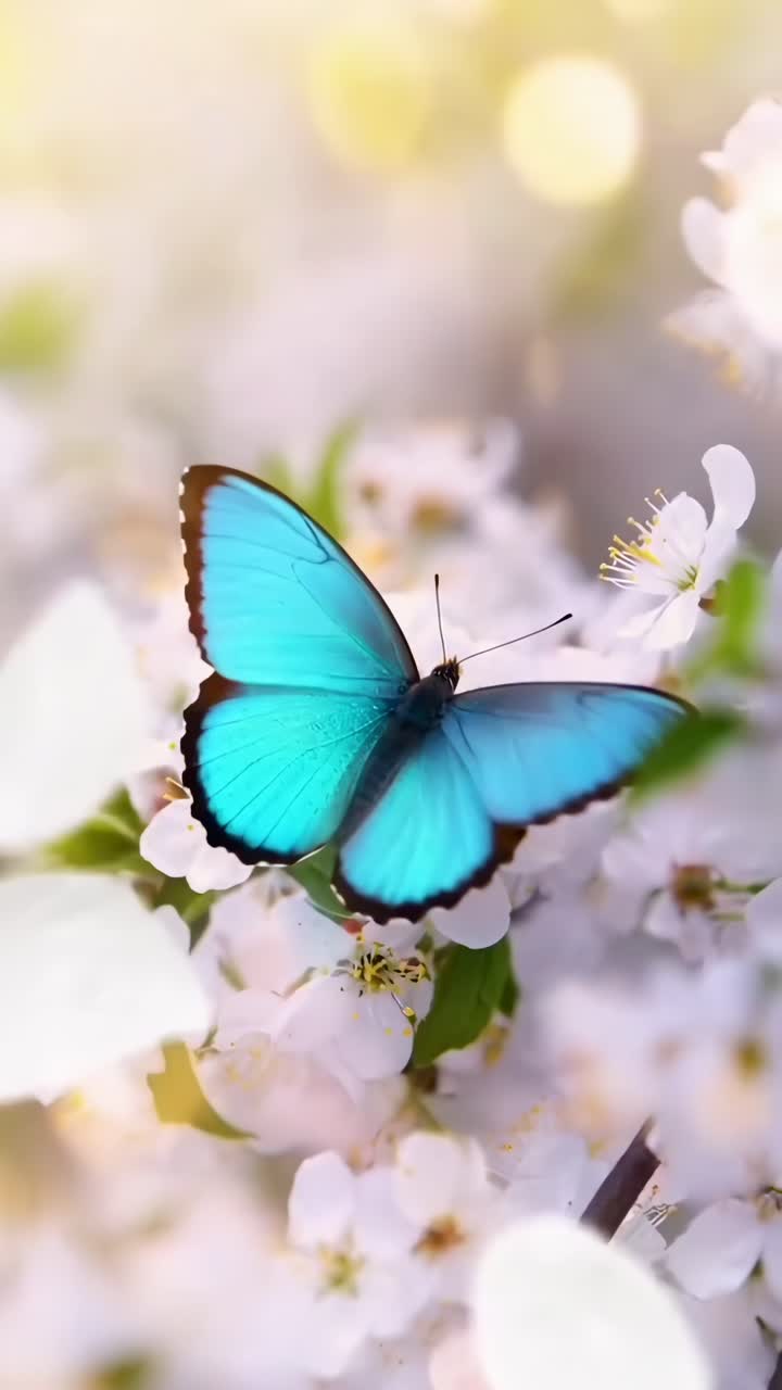 Video ravvicinato di una vivace farfalla blu su fiori bianchi, ripreso da un'angolazione laterale.