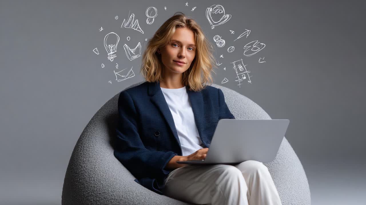 A Thoughtful Young Woman Engaged in Creative Work on a Laptop, Surrounded by Symbolic Illustrations Representing Ideas and Inspiration