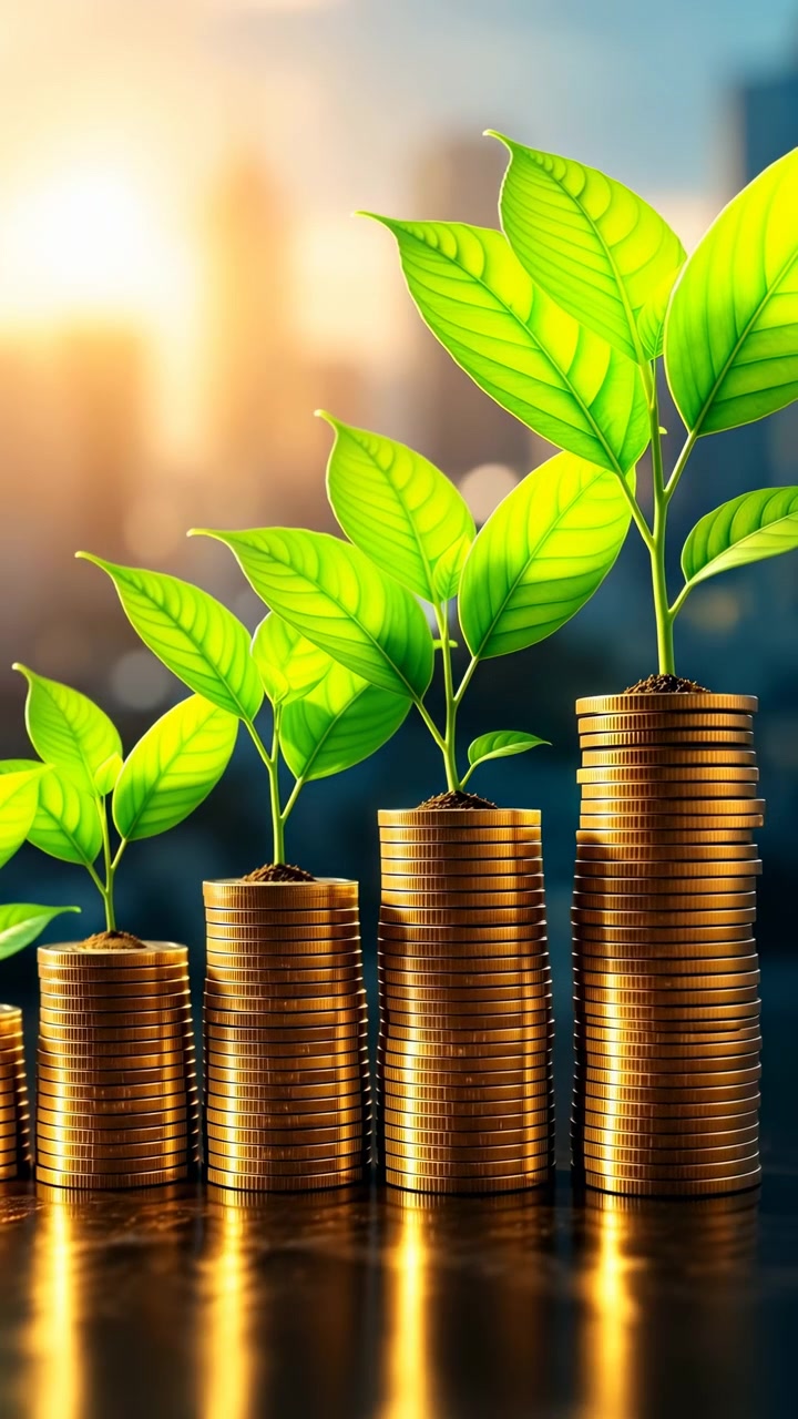 Cinco pilas crecientes de monedas con pequeñas plántulas verdes que crecen más altas sobre una superficie brillante, con un horizonte urbano suavemente difuminado de fondo bajo la cálida luz de la mañana
