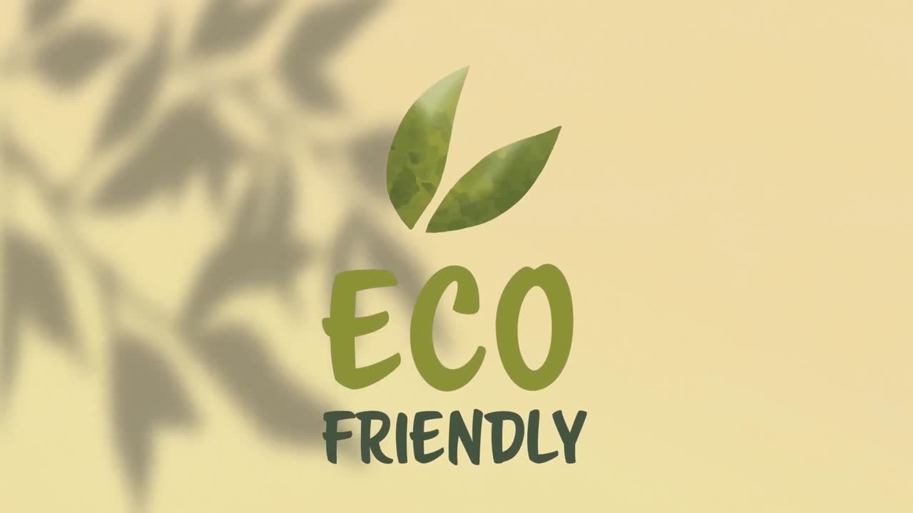 Animation of eco friendly text over leaves shadow on yellow background