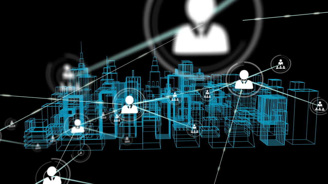 animación de la red de conexiones con iconos sobre el dibujo de la ciudad en 3d