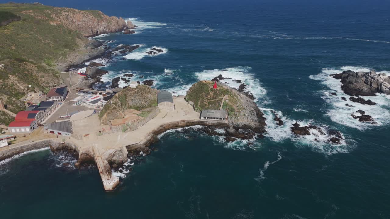 Aerial view of the stunning landscape of Quintay Museum Foundation, Ex Ballenera Museum, set against the rugged Chilean coastline in Valparaíso, Chile.
