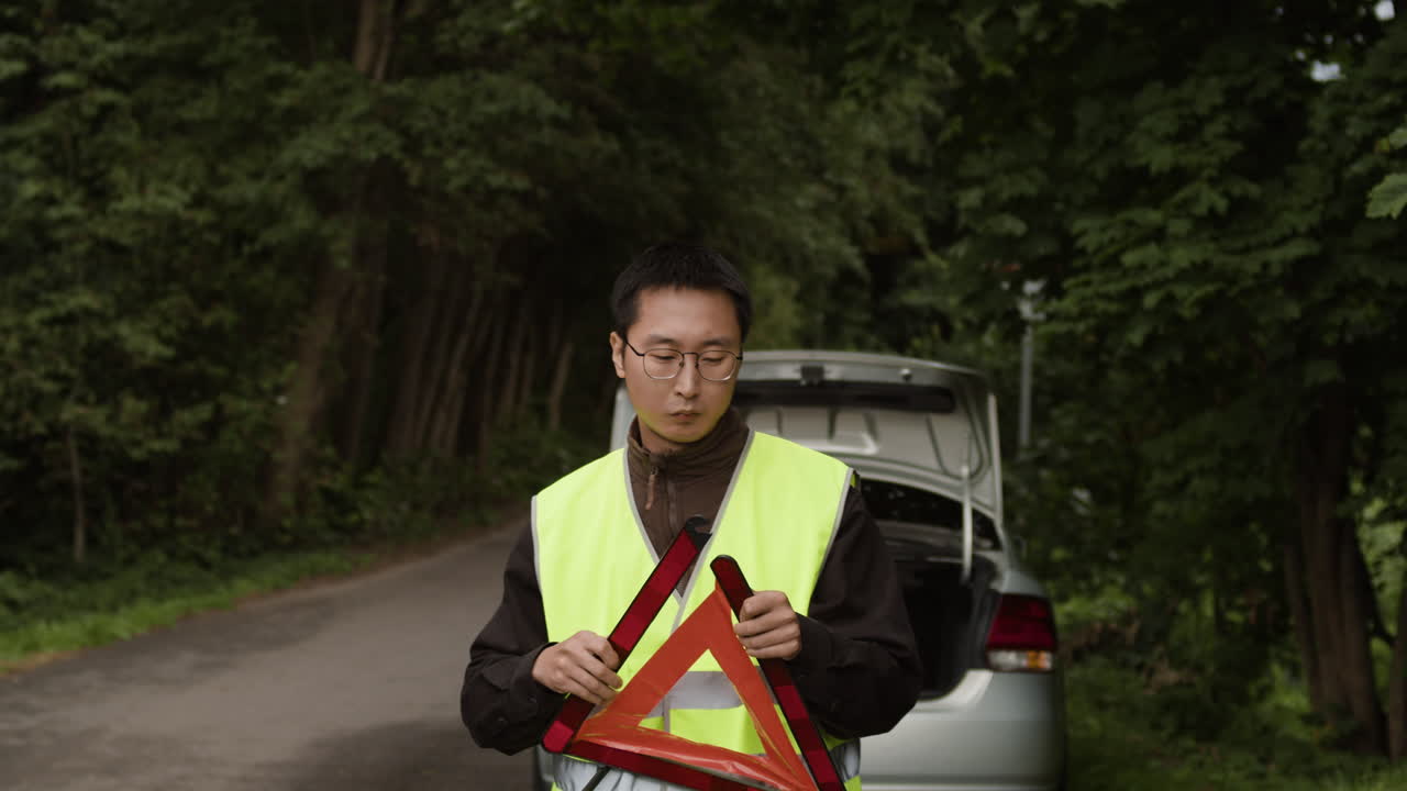 Man with warning triangle near car