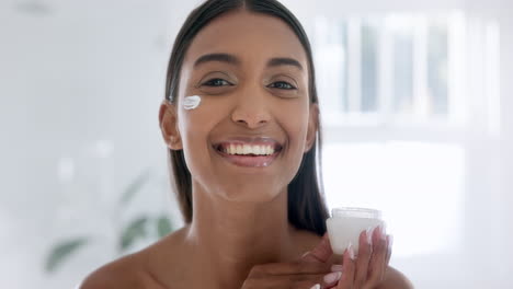 Woman,-face-cream-and-smile-in-bathroom