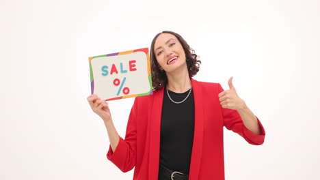 woman holding sale sign and giving thumbs up