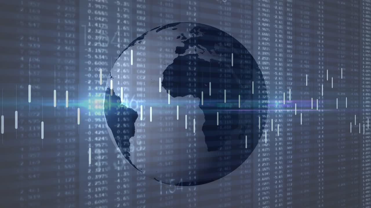 On play 3D globe rotating while data stacks animating and lens flare sweeping showing market trends