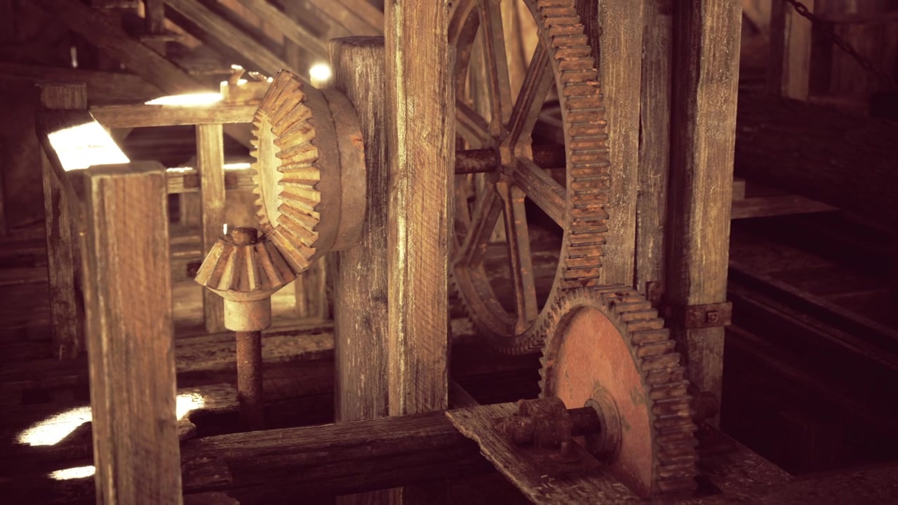 Pabrik kayu tua dengan patina yang terawat dan detail perancah