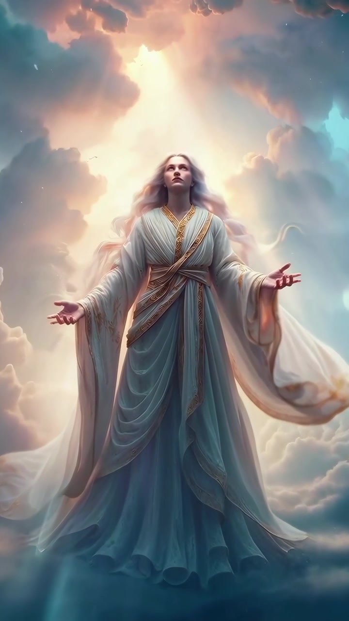 Figura angelica eterea che ascende tra le nuvole nella luce divina