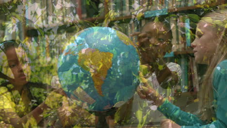 animation of leaves over diverse schoolchildren looking at globe