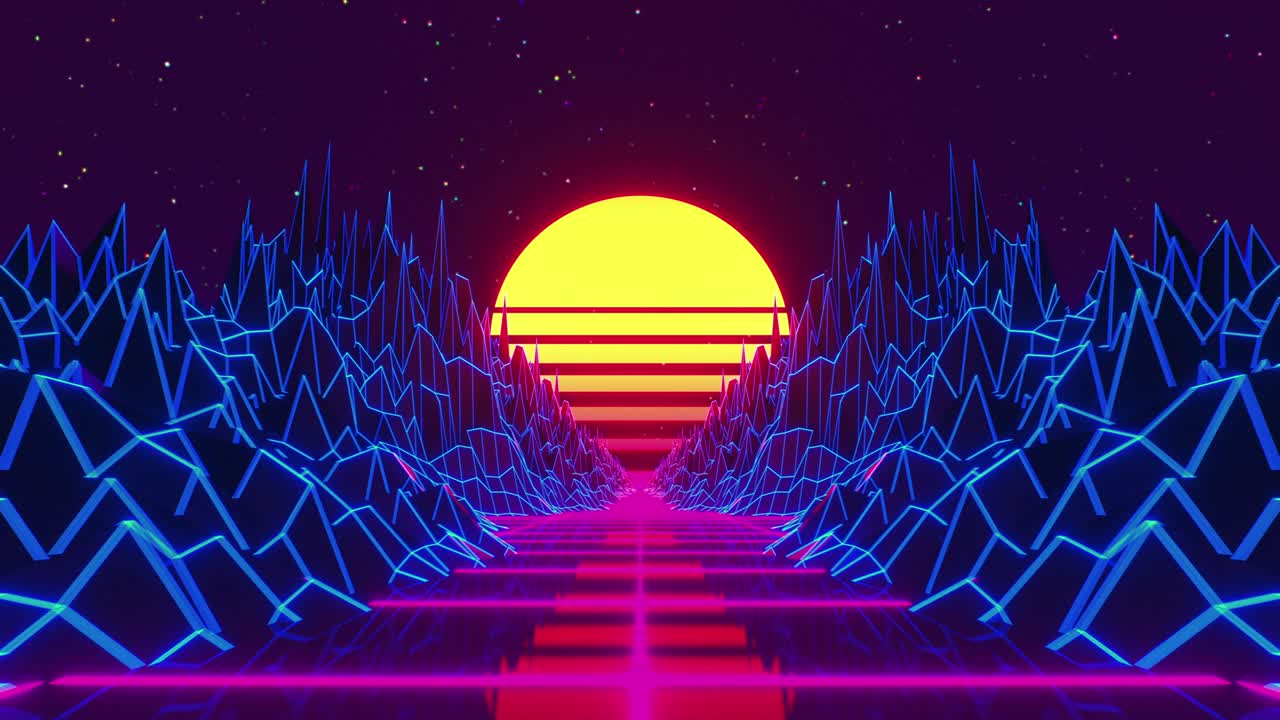 el fondo visual fluorescente de los años ochenta. tierra retro-futurista. camino nocturno video de stock loopable
