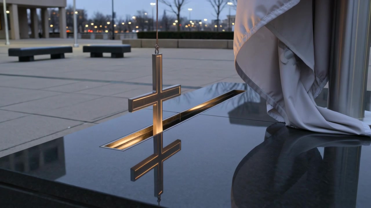 Croce metallica che scende dopo il rilascio del cavo verso una fessura illuminata su pietra nera in una piazza al crepuscolo.