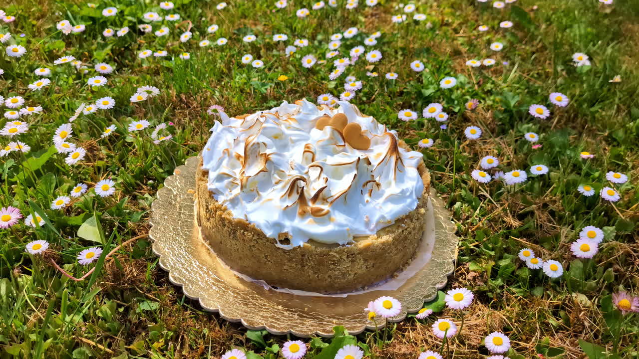 pastel con merengue horneado colocado en un campo de flores de margarita