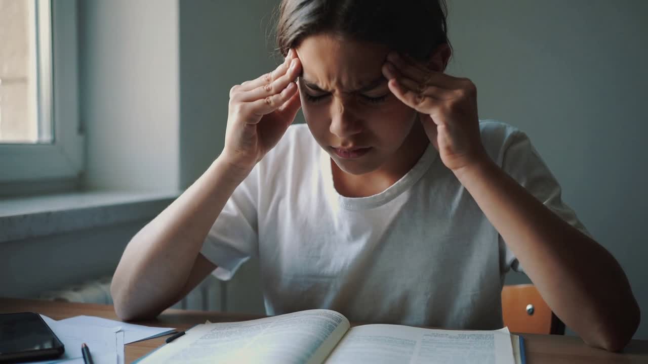 Uno studente adolescente si strofina le tempie di fronte a un testo difficile, leggendo un fitto libro di testo vicino alla finestra, con il telefono a portata di mano.