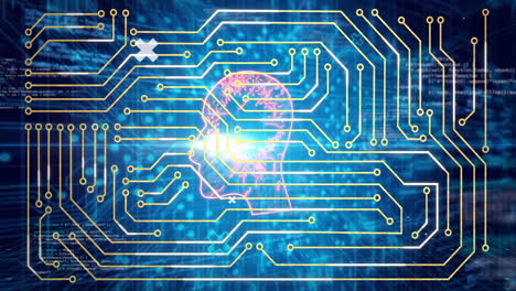 animation of circuit board pattern glowing over human head silhouette on digital background