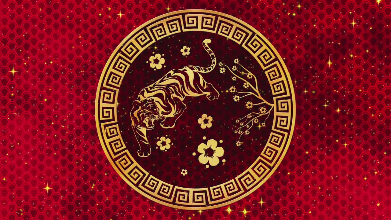 feliz año nuevo chino 2022, signo del zodiaco tigre en fondo rojo con estrellas doradas. festivales chinos. animación de video 4k. feliz año nuevo 2022, año del tigre