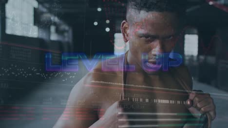 animación de datos con texto de nivel superior contra un joven africano con cuerda para saltar en el gimnasio