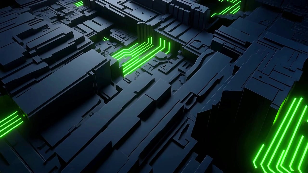 Dynamic Green Light Paths on a Dark Futuristic Grid