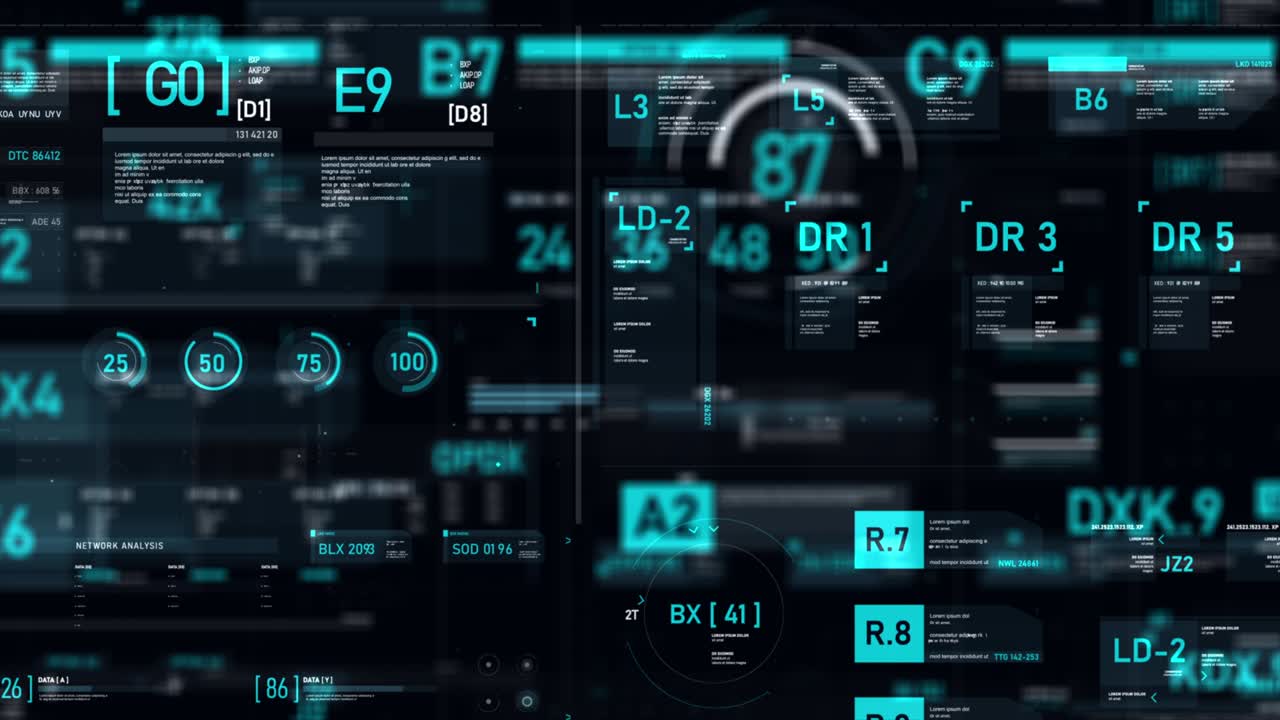 Futuristic user interface HUD GUI digital text number element for cyber technology concept with shallow depth of field dark and grain processed